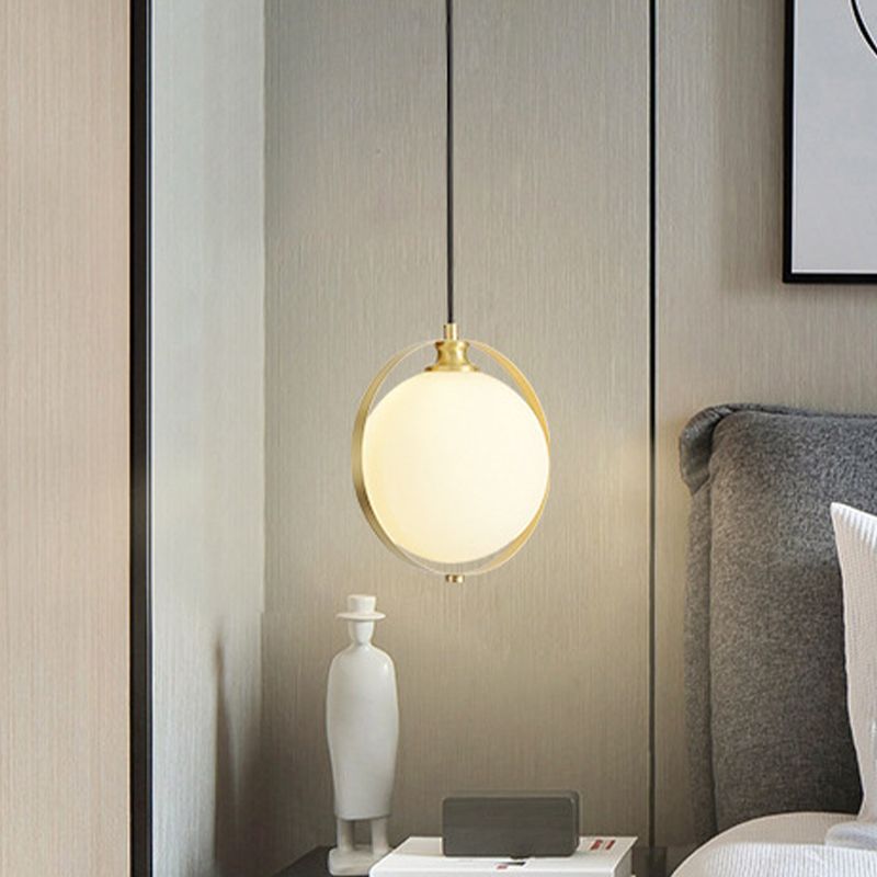 Global Suspended Pendant Light Simple White Frosted Glass 1 Bulb Bedside Hanging Ceiling Lamp with Brass Ring