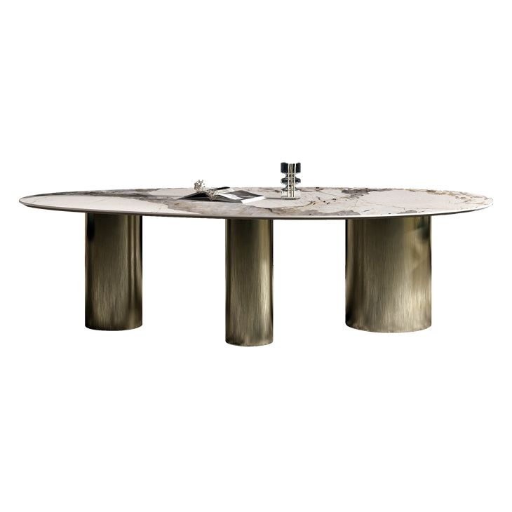 Traditional Luxury Oval Dining Room Table White Sintered Stone Table with 3 Gold Legs