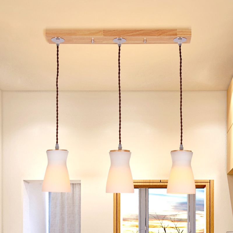 Milk Can Multi Ceiling Light Modernism White Glass 3 Lights Dining Room Hanging Lamp Kit in Wood