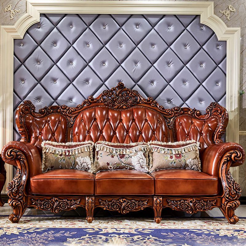 Genuine Leather Sofa Brown Tufted Split-Back Rolled Arm Sofa for Living Room