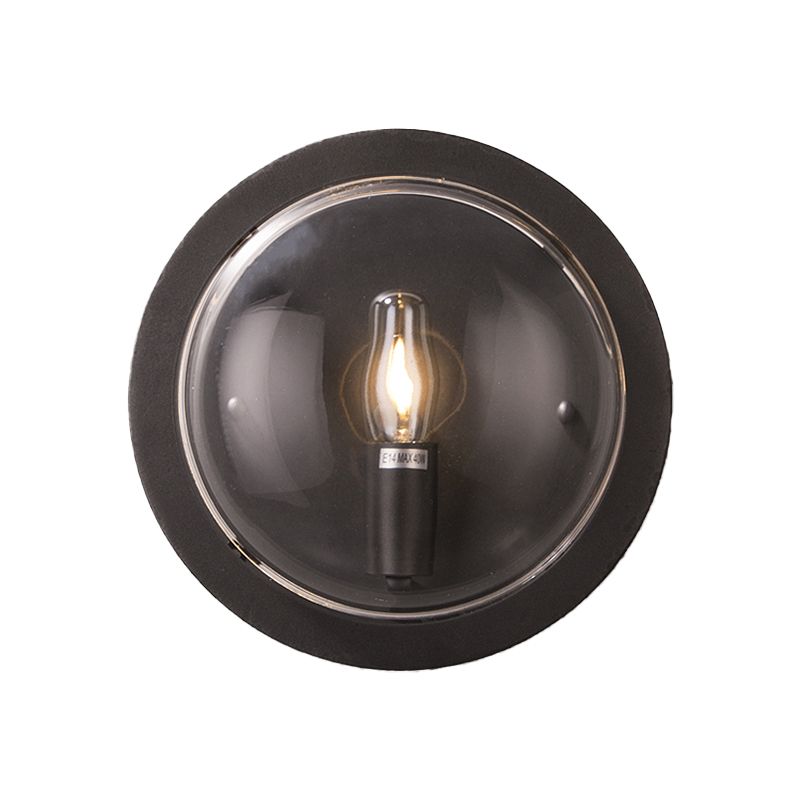 Metal Drum Flush Mount Lighting Retro 1 Light Living Room Wall Sconce Lamp in Black with Clear Glass Shade