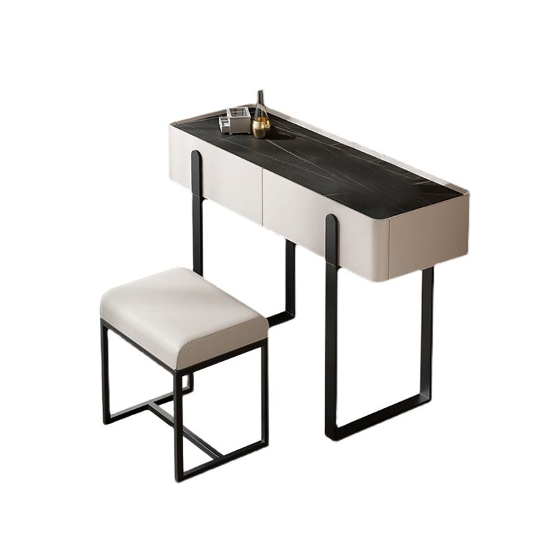 Contemporary Stone Top Vanity Desk 2-Drawer Dressing Table with Stool