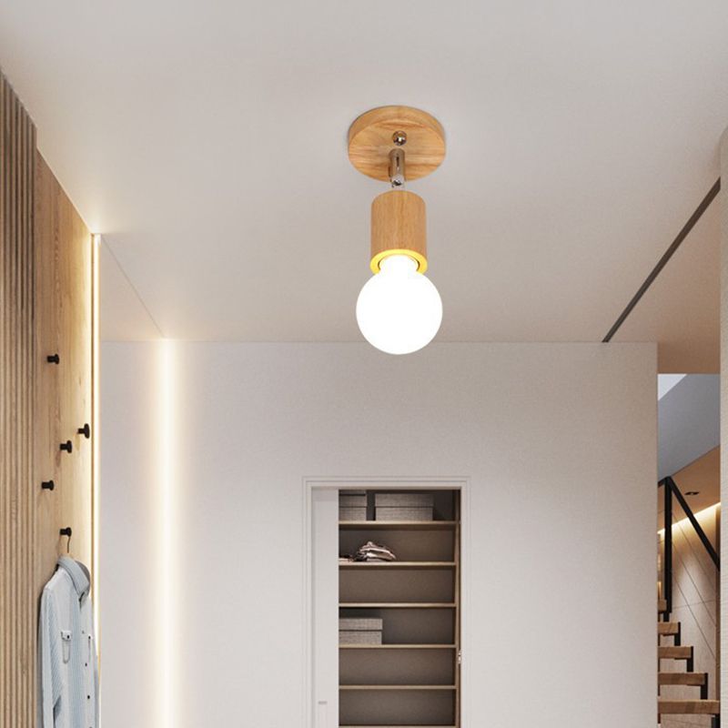 Modern Minimalist Rotatable Ceiling Light Wooden Bare Bulb Semi Flush Mount for Corridor