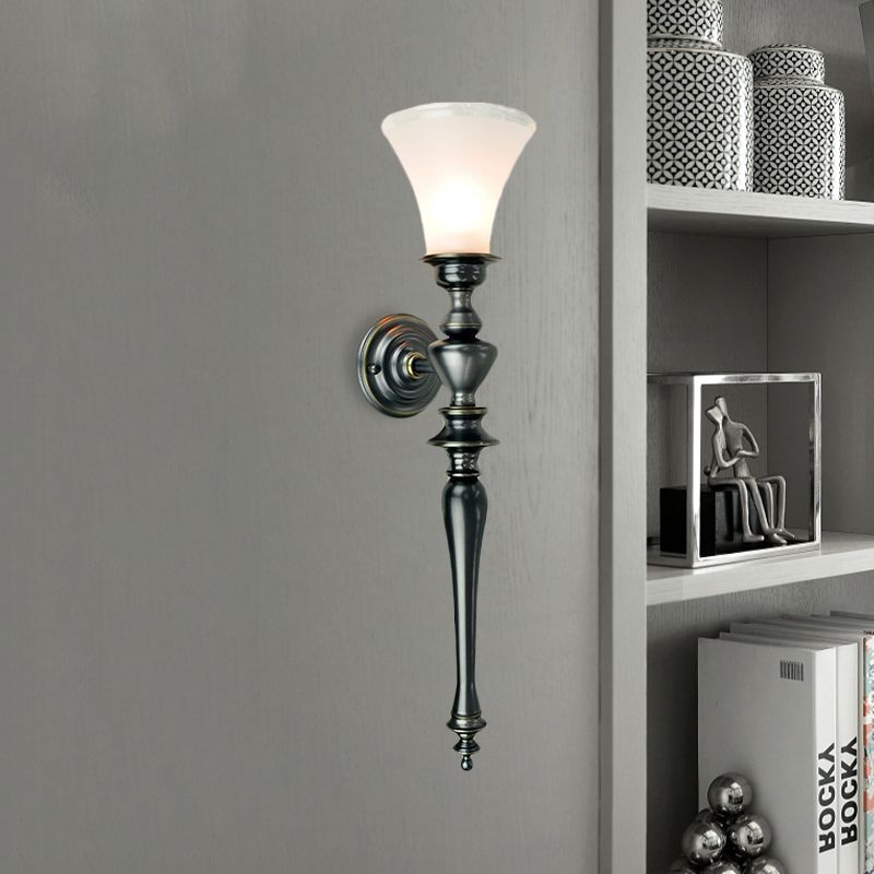 1 Bulb Sconce Light Fixture with Tapered Milky Glass Vintage Wall Mount Lamp in Black