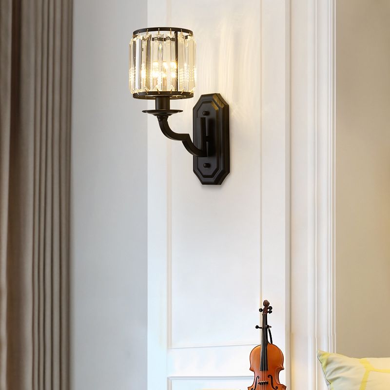 1 Kopfwandhalterung Leuchte ländliche Trommelfacettierkristallwandlampe in Schwarz