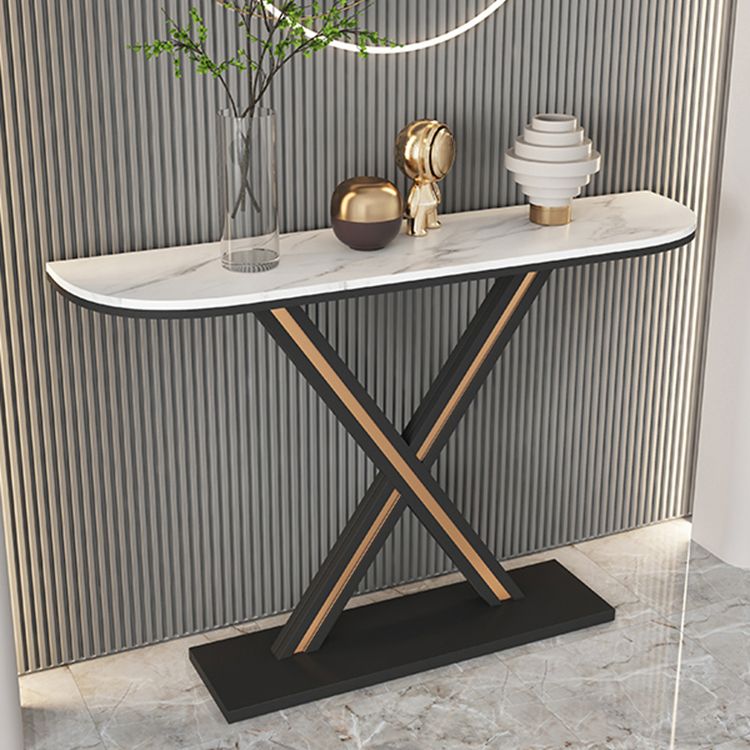 Half Moon Stone Top Accent Table with Black Iron Pedestal Base