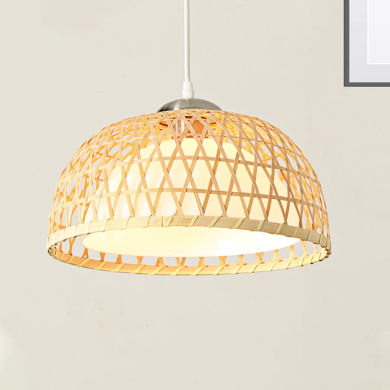 Modern Dome Pendant Lighting Bamboo 1 Bulb Hanging Light Fixture in Wood for Dining Room
