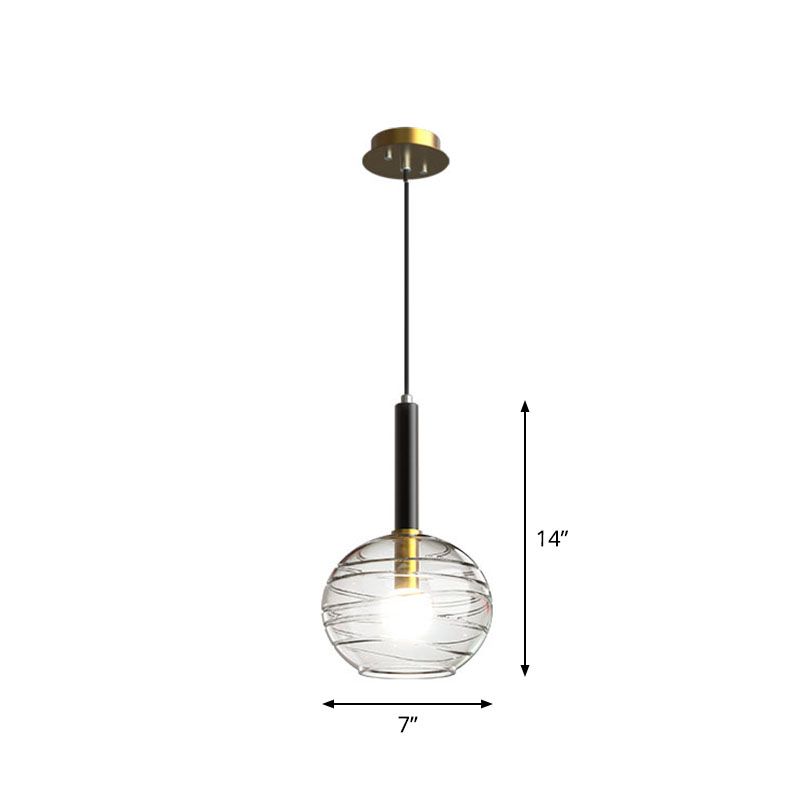 Modern Spherical Hanging Lighting Transparent Textured Glass Single Dining Room Pendant in Black