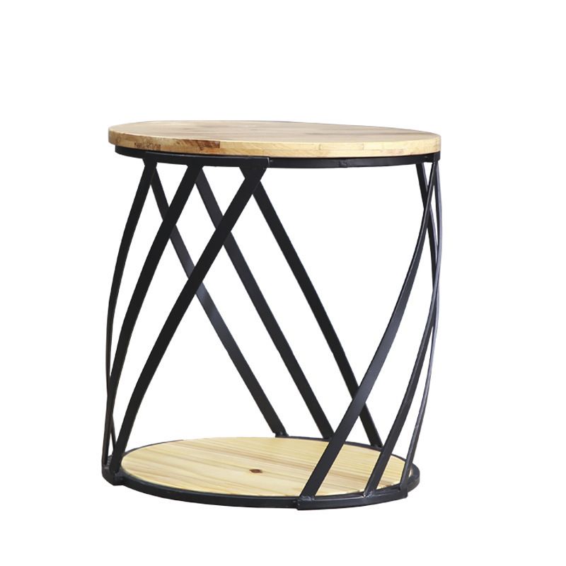 Drum End Table with Storage Solid Wood Round Top and Metal Base