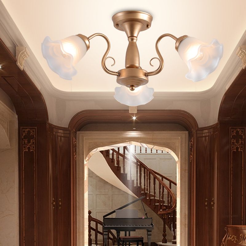 Country Style Floral Semi Flush Mount Frosted White Glass Ceiling Lamp for Dining Room
