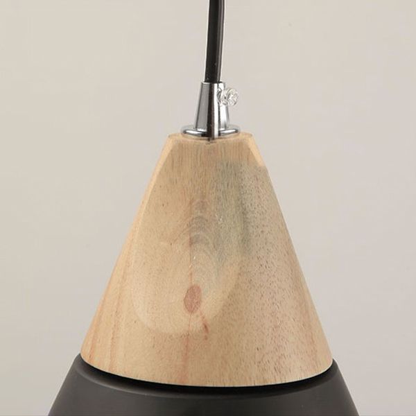 Wooden Handle Pendant Lamp, Macaroon Conical Shade 1-Light Pendant Lighting with Cage