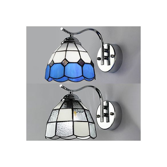 Industrial Vintage Gooseneck Wall Light Stained Glass 1 Light Wall Sconce Lighting in Clear/Blue