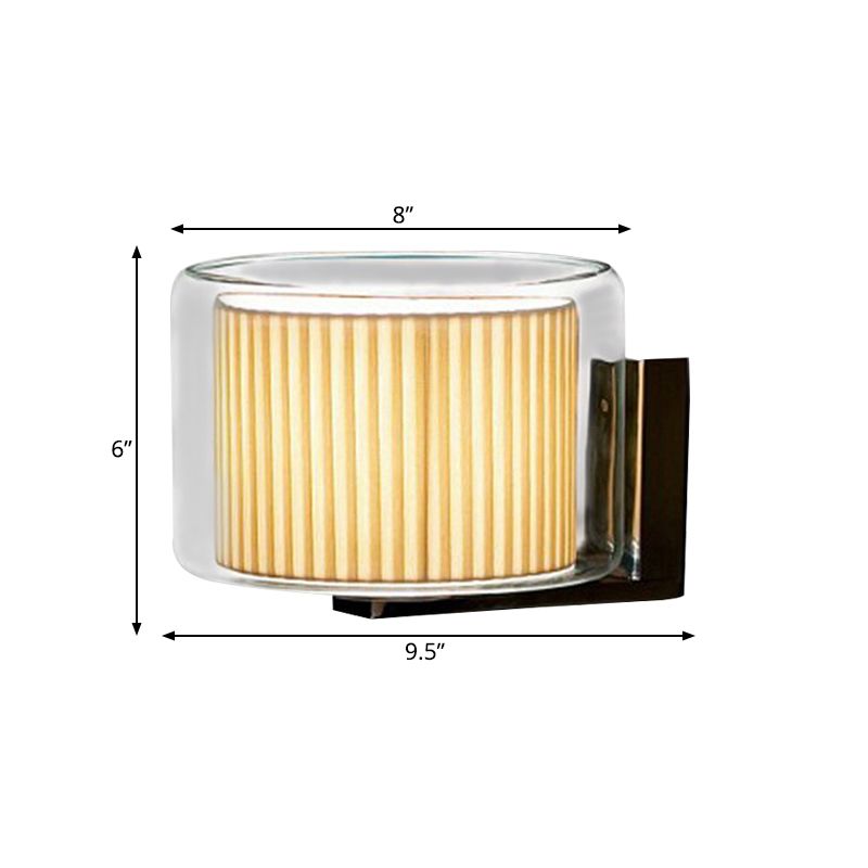 Beige Drum Wall Lamp Modernist 1 Head Pleated Fabric Sconce Light Fixture with Exterior Transparent Glass Shade