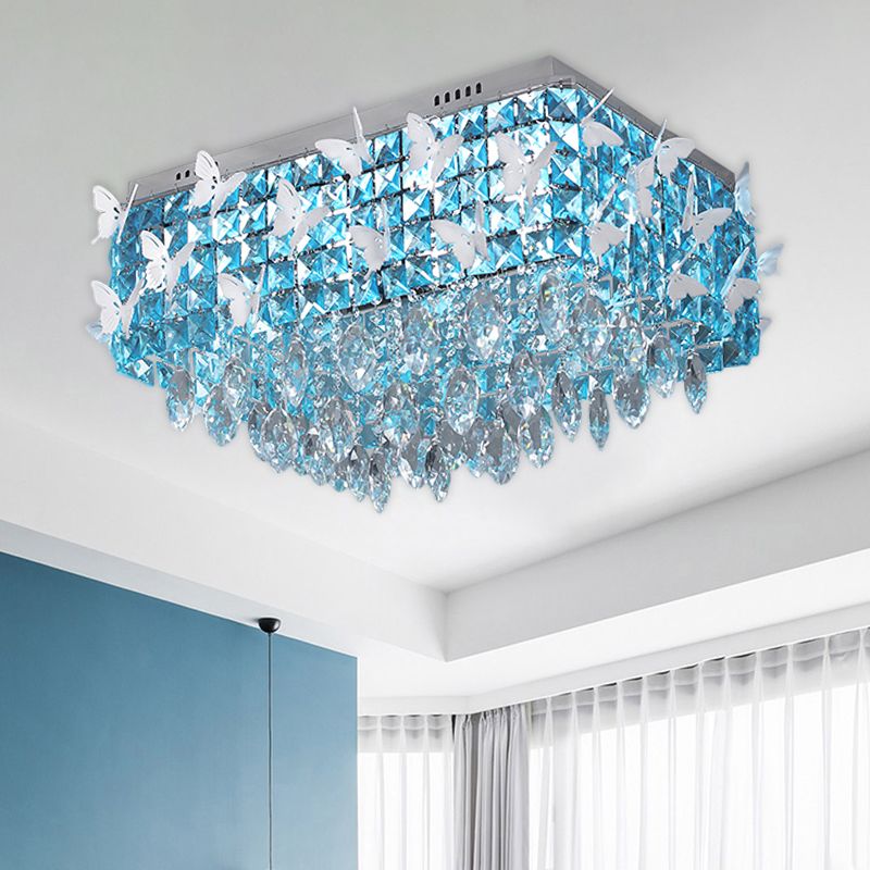 Rettangolo Flush Mount Lighting Semplicity Clear / Amber / Lake Blue Crystal LED Stainless - Steel Butterfly Massimale Light Fixture in Warm / White Light