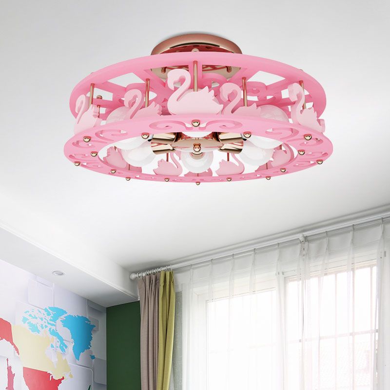 Metal Drum Semi Mount Lighting Kids 6 Lights Pink Flush Light Fixture with Bird/Angel Decoration