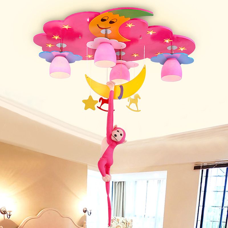 Stained Glass Bell Ceiling Lamp Cartoon 5-Head Semi Flush Light with Plush Monkey for Childrens Room