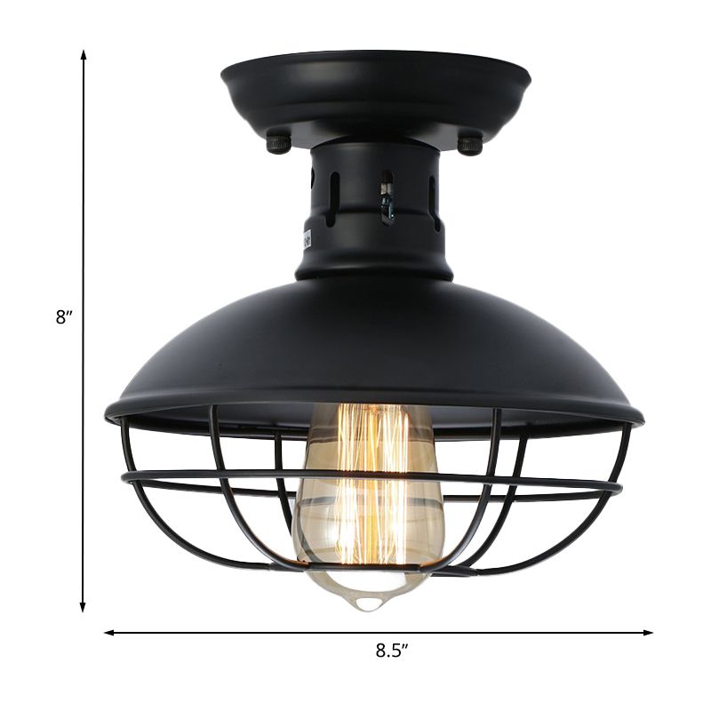 Black Bowl Semi Flush Mount Farmhouse Stylish Metal 1 Light Dining Room Semi Flush Ceiling Fixture with Cage Shade