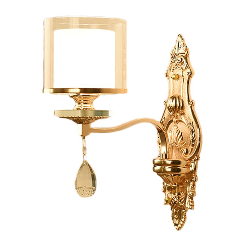 1 Light Wall Mount Lamp Retro Living Room Wall Sconce with Layered Barrel Clear and Frosted Glass Shade, Gold
