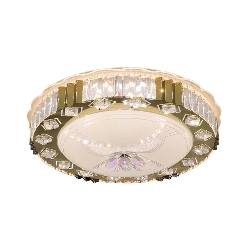 LED Circular Ceiling Fixture Modern Stainless-Steel Finish Clear Cut Crystal Blocks Flush Mount in Warm/Multi Color Light