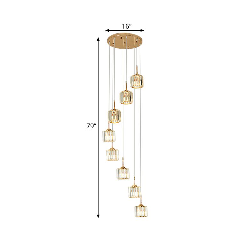 Gold 8 Lampen Deckenleuchte Modernismus Kristall Mini -Trommel Multi -Lampen -Anhänger mit Spiraldesign