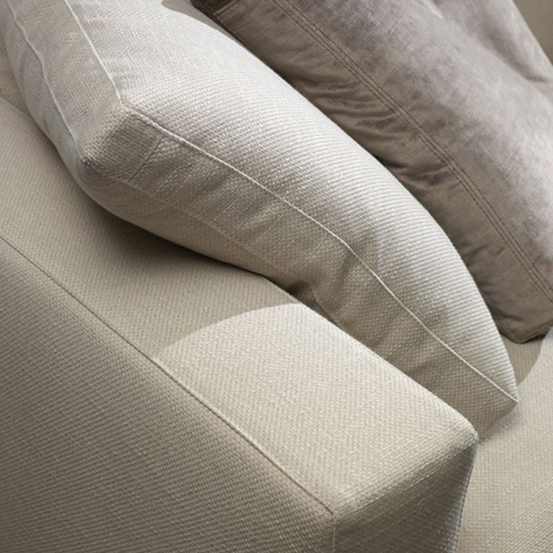 White Slipcovered Fabric Settee Recessed Arm Sofa with Pillows