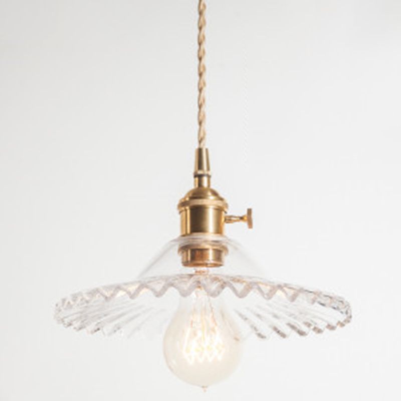 Scalloped Glass Shade Hanging Ceiling Light Vintage Industrial 1-Light Living Room Drop Pendant