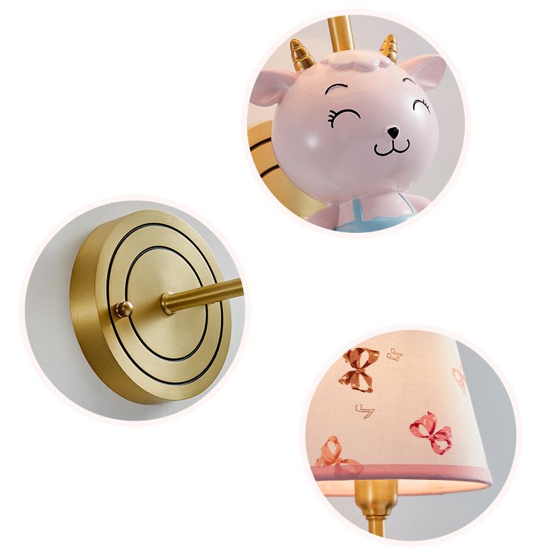 Empire Shade Fabric Wall Light Modern Pink Wall Light Fixture with Resin Sheep for Kids Bedroom