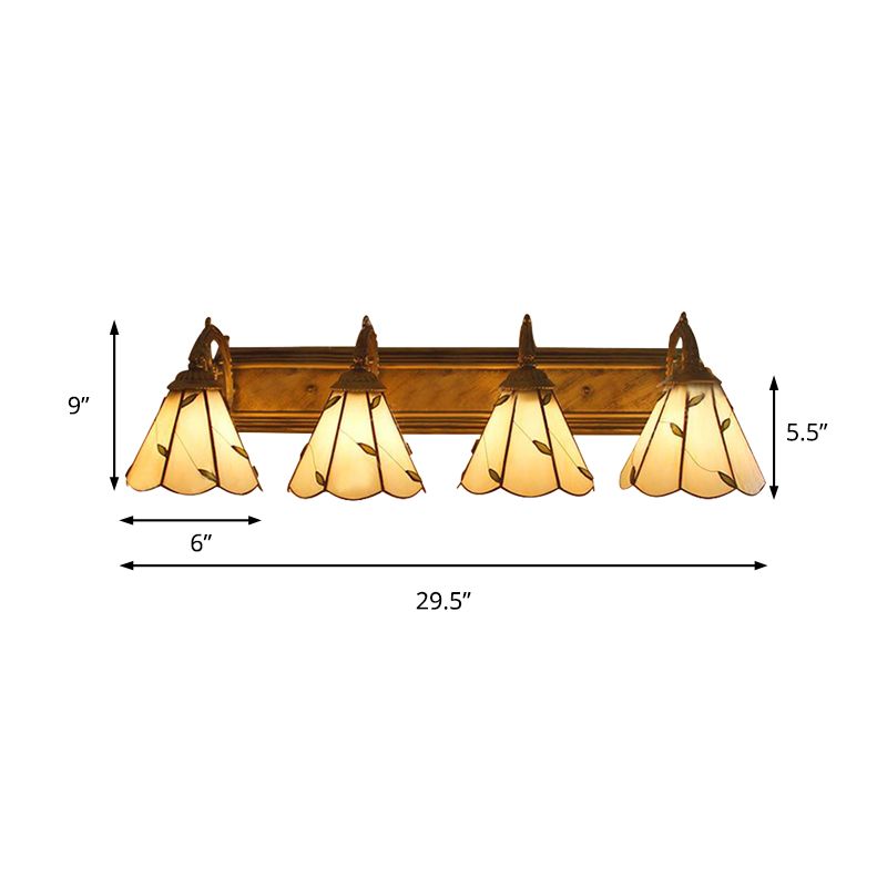 Stained Glass Leaf Wall Sconce Light Rustic Loft 4 Lights Bathroom Vanity Lighting in Beige