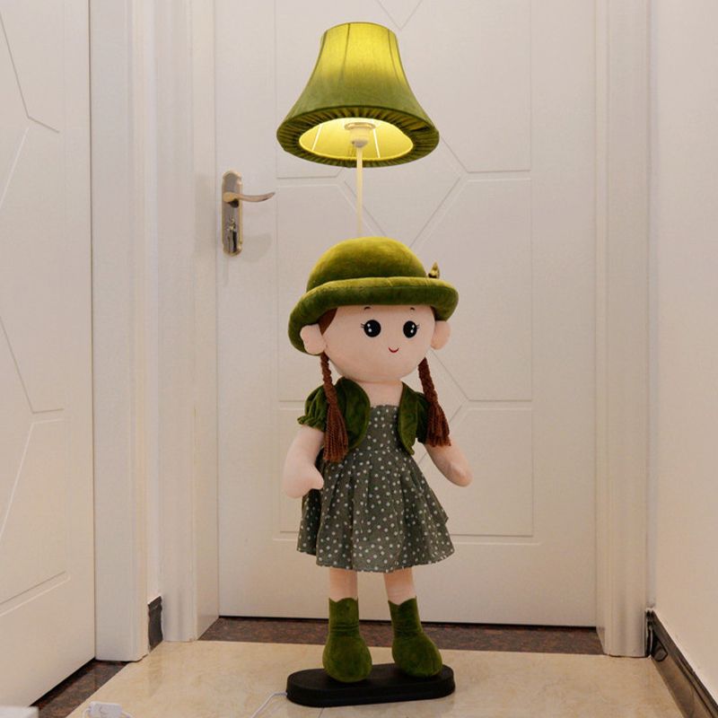 1-Light Bedside Standing Lamp Kids Red/Blue/Green Floor Light with Flared Fabric Shade and Plush Girl Stand
