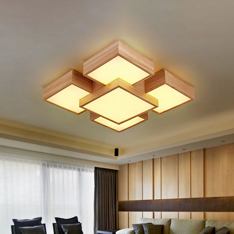 Beige vierkant/rechthoekblokspoellicht modern 22 "/31,5"/42 "brede LED houten plafond gemonteerde lamp