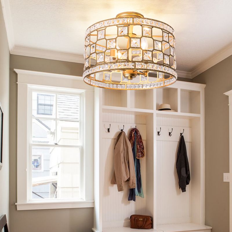 3 Bulbs Cylinder Semi Flush Light Traditionary Clear Glass Ceiling Mounted Fixture in Silver/Gold for Dining Room