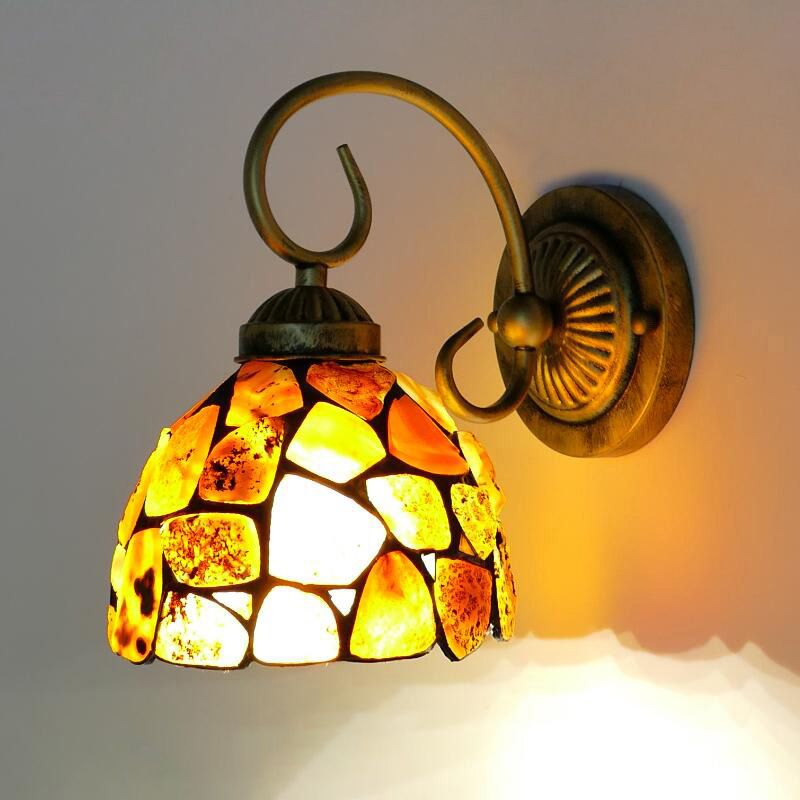 1 Light Bedroom Wall Mounted Lighting Tiffany Beige Sconce Light with Stone Bell/Dome Shade