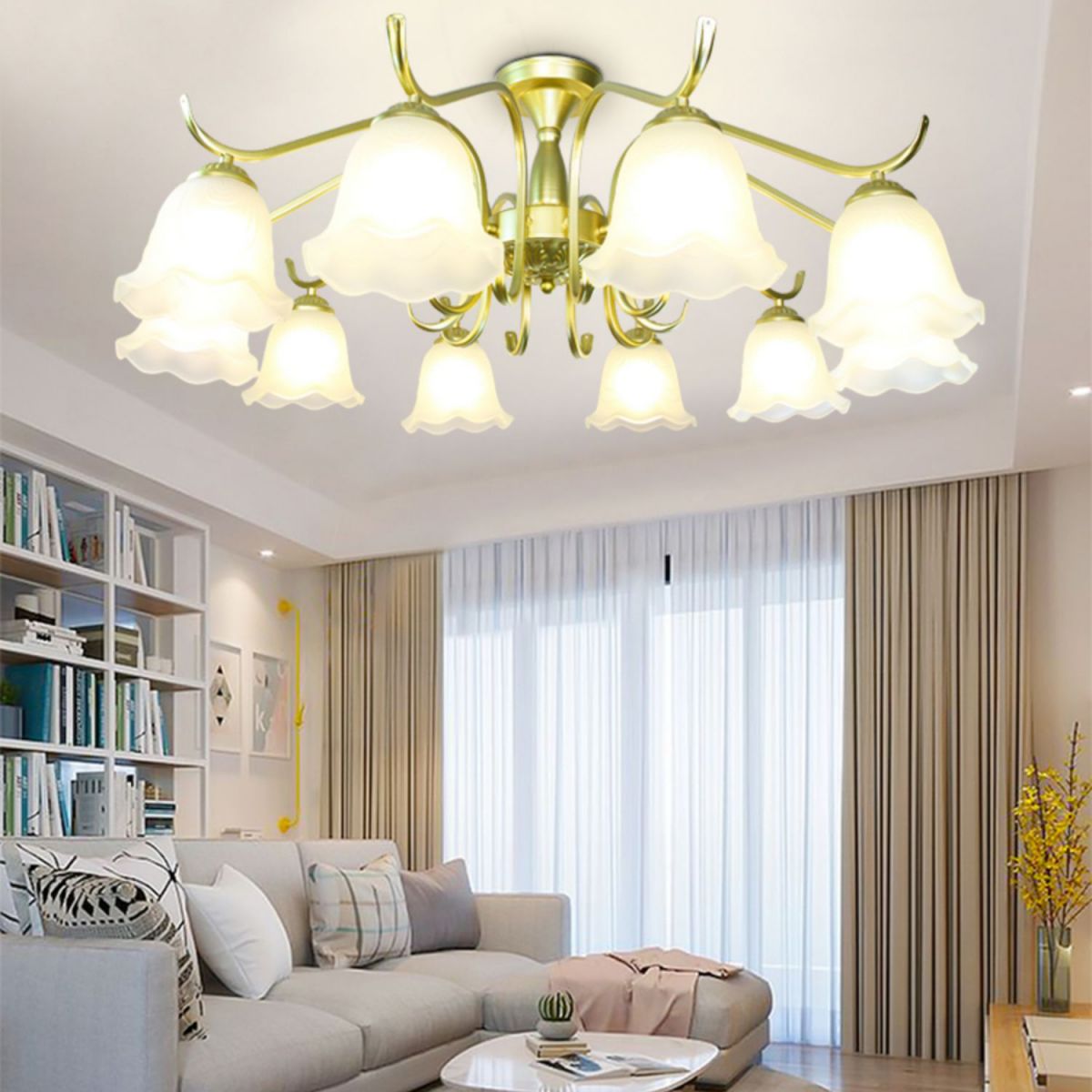 Gold Semi Flush Lamp Traditional Multi-Head Bedroom Ceiling Lighting with Glass Shade