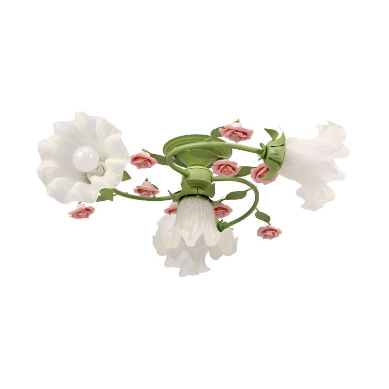 Spiral Bedroom Semi Flush Light Korean Flower Metal 4 Bulbs Green Close to Ceiling Lighting