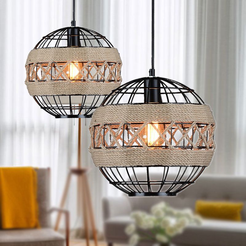 Sphere Pendant Lighting with Metal Frame and Rope Rustic 1 Light Hanging Ceiling Light in Black