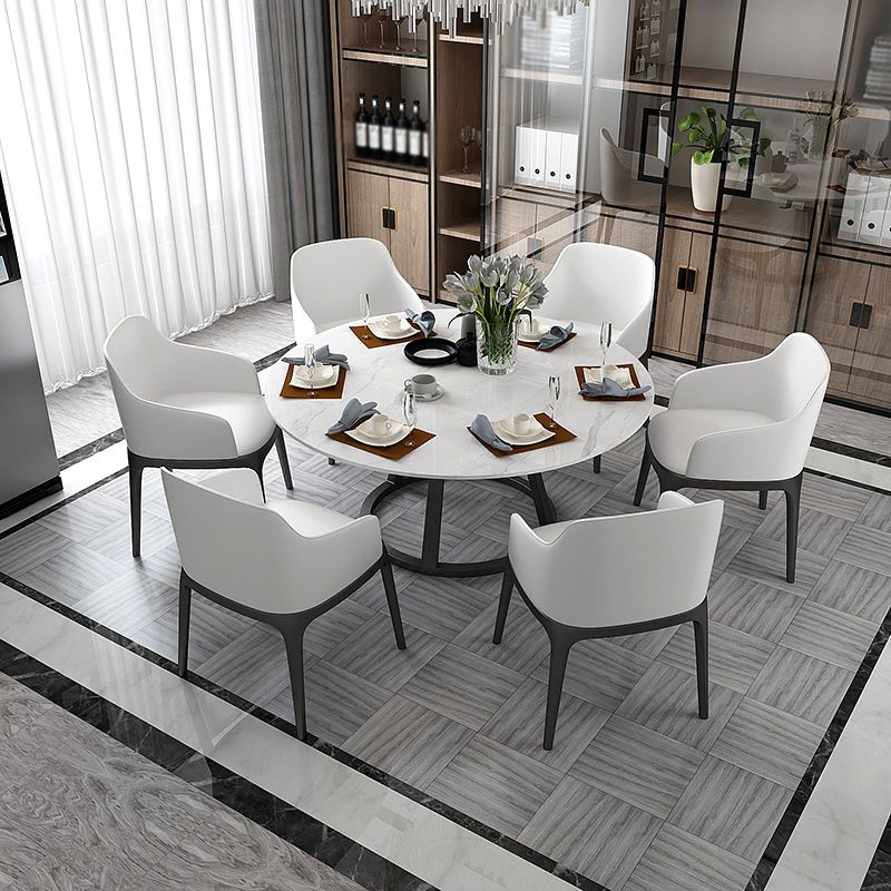 Contemporary Round Dining Table Sintered Stone Top Iron Pedestal Table