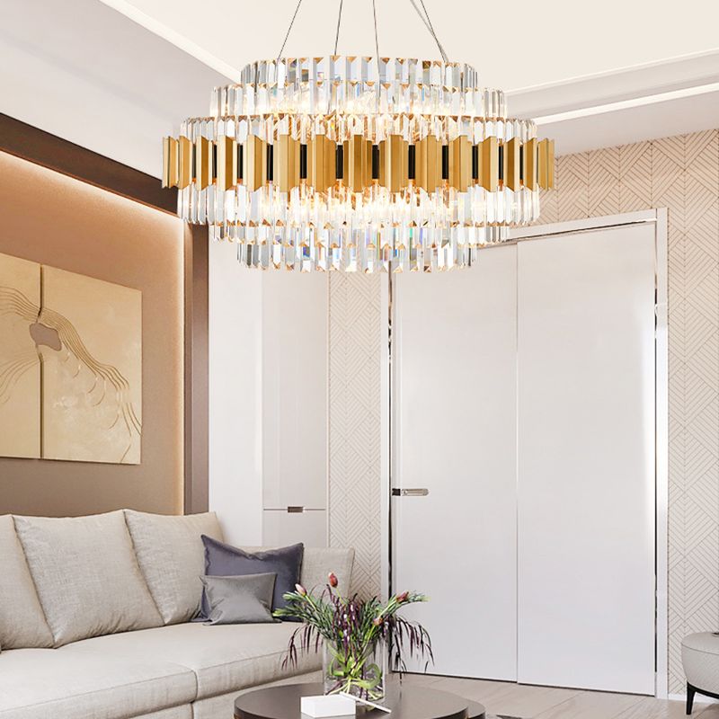 Layered Pendant Light Dining Room Multi Light Vintage Metal Chandelier Light with Faceted Crystal in Gold