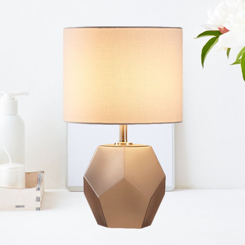 Single-Bulb 3D Hexagon Table Lamp Modern Grey/Pink/Yellow Glass Night Light with Drum Fabric Shade