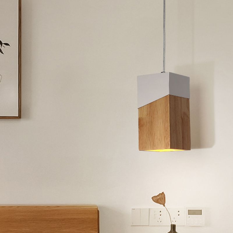 Cuboid Drop Pendant Light Modern Wood 1 Light Beige and White Suspension Lamp for Bedside
