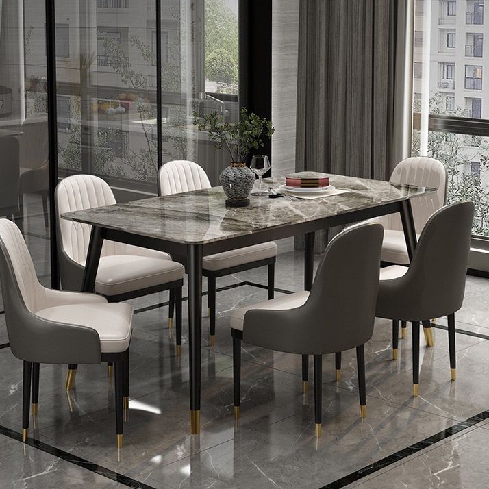 Rectangular Sintered Stone Dining Table Luxury White Furniture with Steel 4 Legs for Home