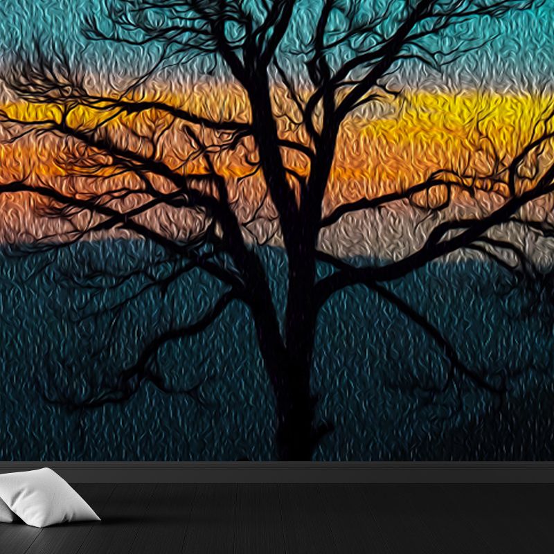 Modern Bare Tree Scenery Mural Decal Blue Waterproofing Wall Covering for Bedroom