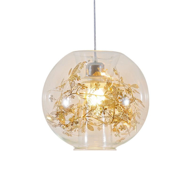 Global Transparent Glass Suspension Light Minimalist 1 Bulb Ceiling Pendant with Scattered Flower Deco