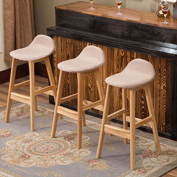 Scandinavian Linen Footrest Low Back Stool 27.55'' Rubberwood Bar Stool