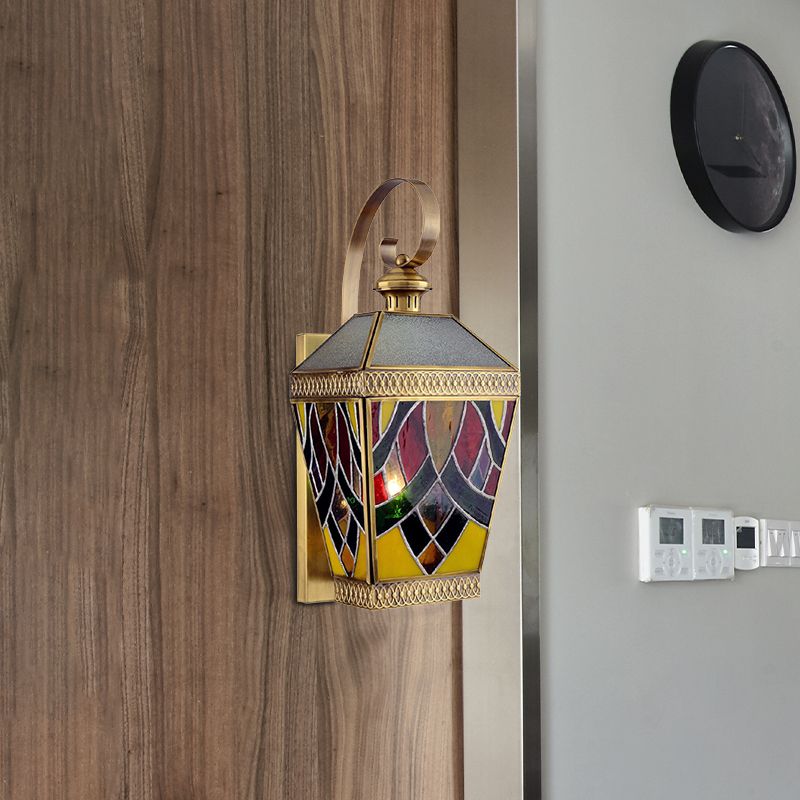 1 Light Wall Mount Lamp Arab Style Corner Sconce Lighting with Pyramid White/Red Glass Shade