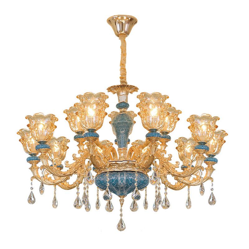 Swooping Arm Living Room Pendant Chandelier Rustic Metal Gold Hanging Ceiling Light with Flower Clear Textured Glass Shade