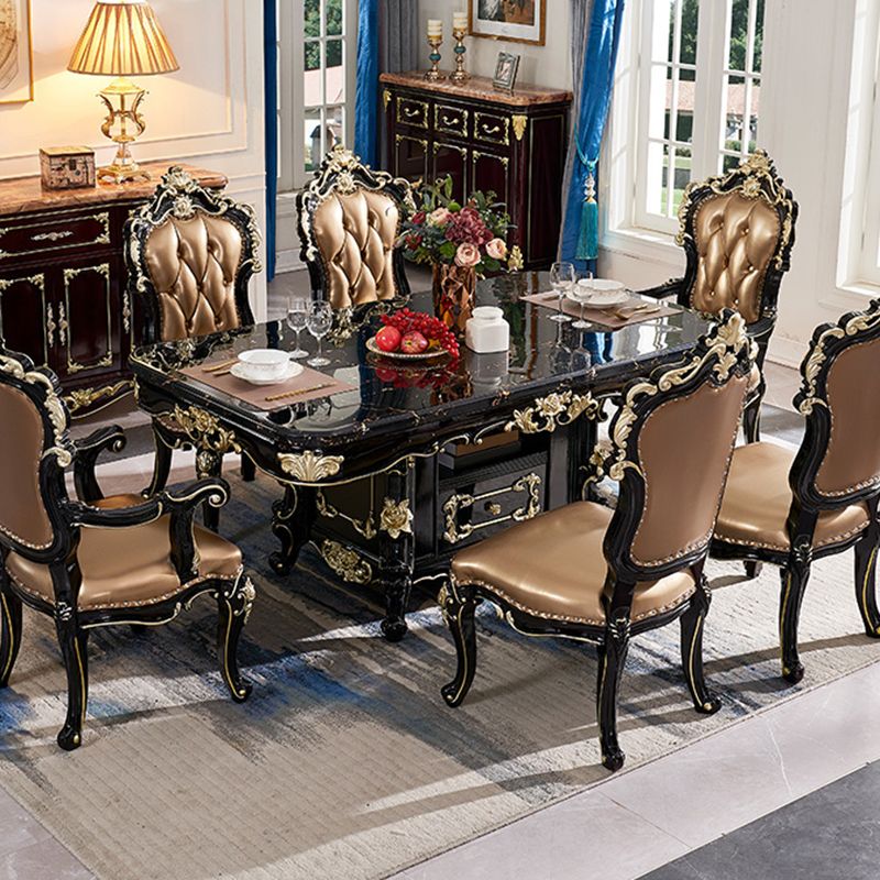 Glam Kitchen Table with Faux Marble Top Solid Wood Legs in Black