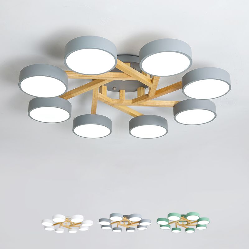 Wood Branch Ceiling Flush Light Minimalistic LED Semi Flush Mount Lamp with Round Acrylic Shade
