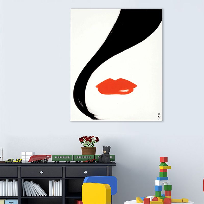Red Lip Art Print Fashion Woman Drawing Minimalist Textured Canvas on White for Room