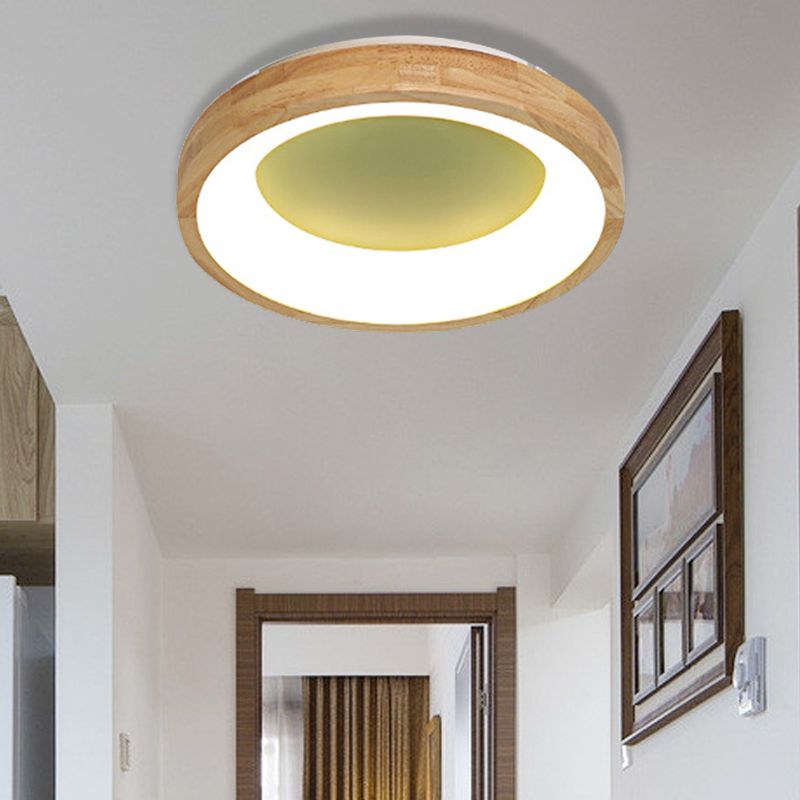 Wood Circular Thin Flushmount Lighting Nordic Style Green/Blue LED Ceiling Mounted Light, 12"/16"/19.5" Width