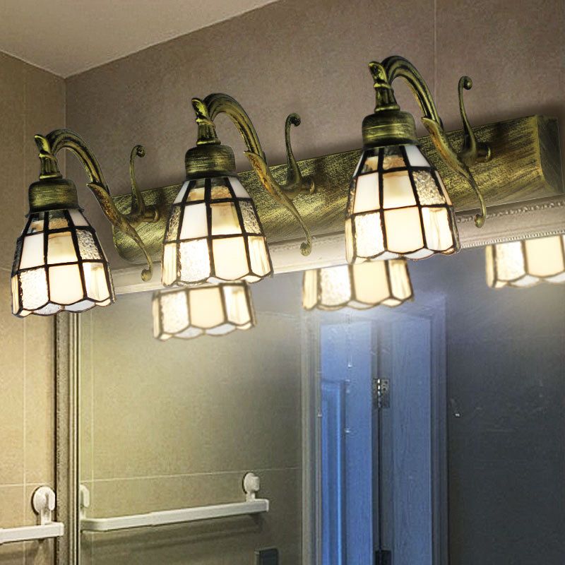 Stained Glass Dome Wall Lighting with Square/Blue Square Pattern and Linear Backplate Vintage Retro 3 Lights Sconce Lighting in Copper/Antique Brass/Brass
